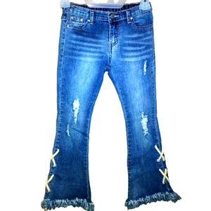HAYDEN GIRLS NWOT Blue Denim Braiding Flared Fringed Distressed Jeans Size M